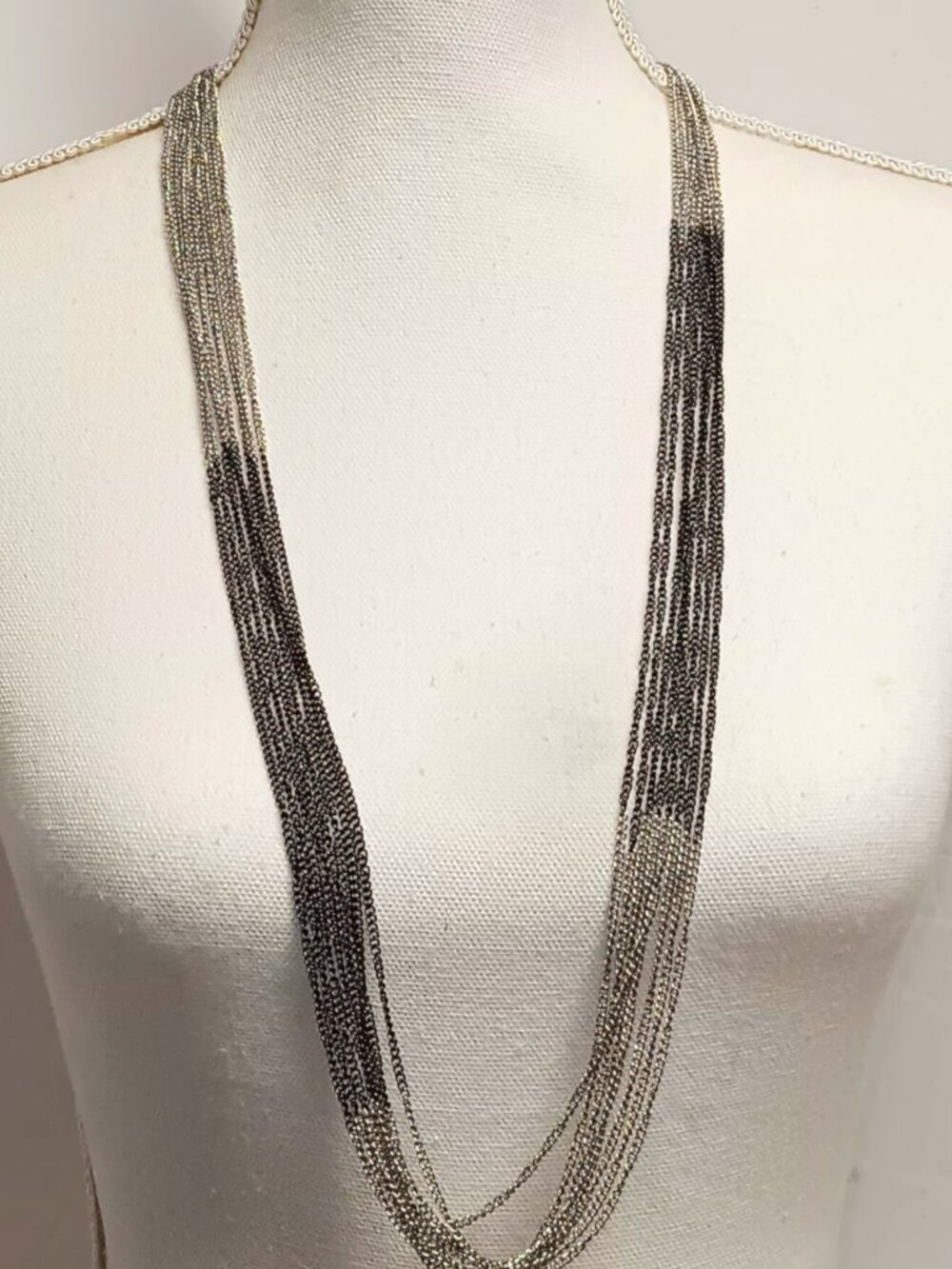 Necklace, Premier Designs, 8 strand, silvertone and gun metal black, 35".